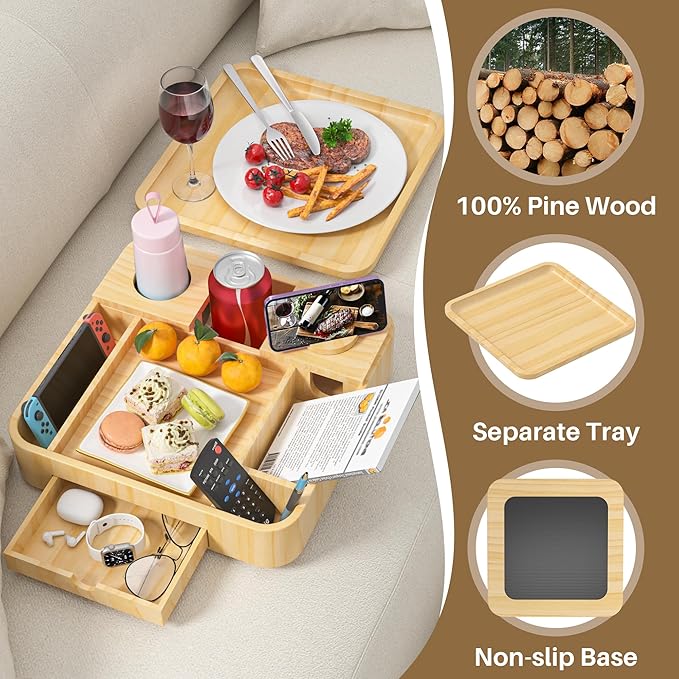 Couch Cup Holder, Couch Tray Cup Holder Sofa Tray, Large Capacity 2-Tier Wooden Trays with Drawer for Sofa, Bed, Picnic, Drinks, Snacks, Remote, Cell Phone, Headphones (Solid Pine Wood)12.5*12.5 in