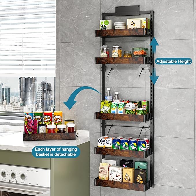 BUKFEN 6-Tier Over the Door Pantry Organizer, 2-in-1 Door Hanging or Wall Mounted Spice Rack, Heavy Duty Metal Storage Shelves with Adjustable Wooden Baskets for Kitchen Bathroom Closet