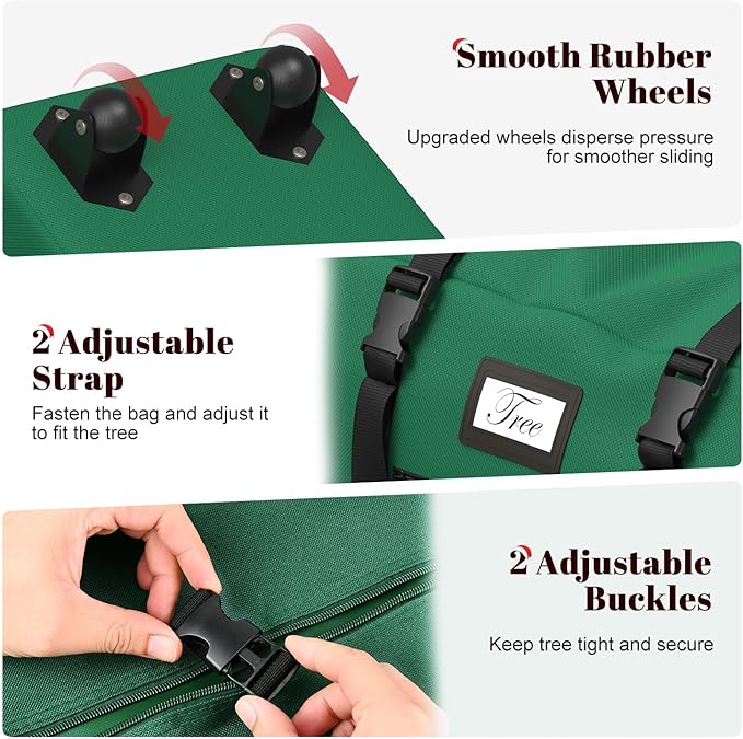Christmas Tree Storage Bag with Rolling Wheels, Fits for 9ft Xmas Artificials, Large Xmas Storage Container with Reinforced Carry Handles and Fixed Buckle, 600D Oxford Cloth, Dual Zippers