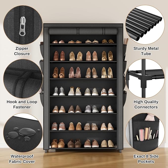 VILICK Shoe Rack with Cover, 7 Tier Shoe Organizer Storage for 32-40 Pair Shoes and Boots Large Shoe Storage Shelf Space Saving Vertical Shoe Rack for Closet, Front Door Entrance, Dorm, Garage