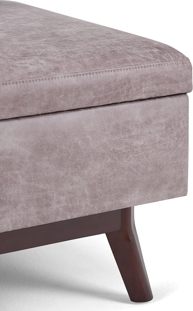 SIMPLIHOME Owen Coffee Table Storage Ottoman - 34" Wide x 19" High Upholstered Vegan Leather Rectangular Lift-Top Ottoman in Distressed Grey Taupe, Mid-Century Modern Bench with Tapered Legs