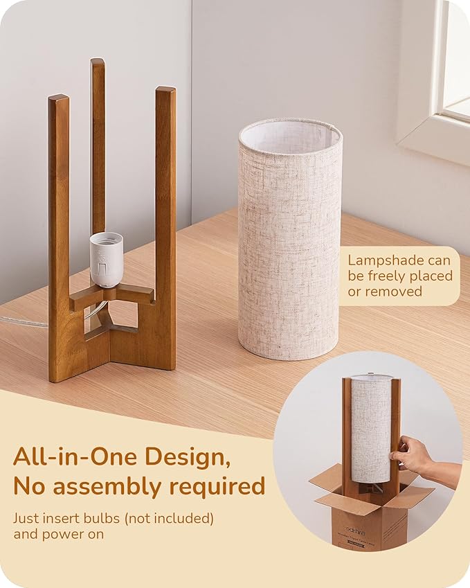 EDISHINE Wood Table Lamps, 13.5" Small Bedside Lamp, Beige Linen Shade, Rose Wood Cylinder Modern Nightstand Lamp for Bedroom Living Room, On-Off Line Switch, E26 Base (Bulb Not Included), 2Pack