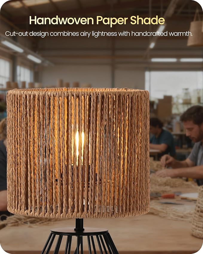 Rattan Table Lamp, Boho Table Lamp, Small Bedside Lamp, Handwoven Paper Lampshade, 2700K LED Bulb Included, Boho Desk Lamp, Modern Nightstand Lamp for Bedroom, Living Room, Striped SW06TL05