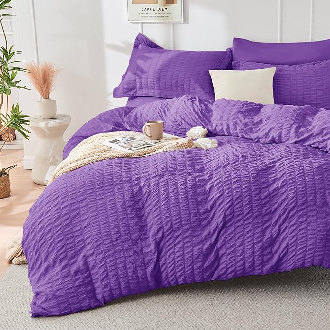 HYMOKEGE Bright Purple King Size Comforter Set Seersucker 7 Pieces, All Season Luxury Bed in a Bag for Bedroom, Bedding Set with Comforter, Sheets, Pillowcases & Shams