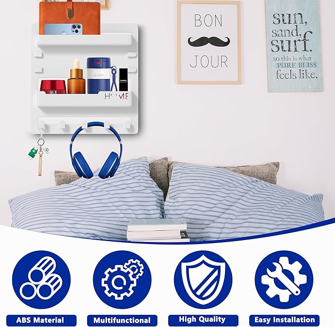 Bedside Wall Mount Organizer,Bedside Wall Shelf Accessories Floating Shelves Stick On for Bedroom Storage Organization,Aesthetic Room Dorm Decor for Girls,Cute Stuff for Teens,5 Hooks-White