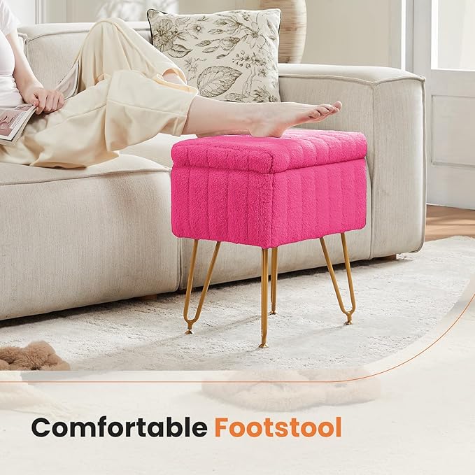 DUMOS Vanity Stool Chair, Ottoman with Storage, Makeup Cute Soft Small Footstool, Modern Style Faux Fur Seat with 4 Metal Legs & Adjustable Feet for Dressing, Living Room, Bedroom, Dorm, Red