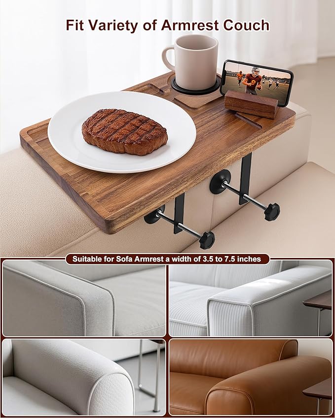 Couch Armrest Table, Acacia Wood Sofa Arm Tray with Adjustable Metal Clamp, Sofa TV Tray with Rotating Phone Holder for Snacks Drink Remotes, Include White Coaster