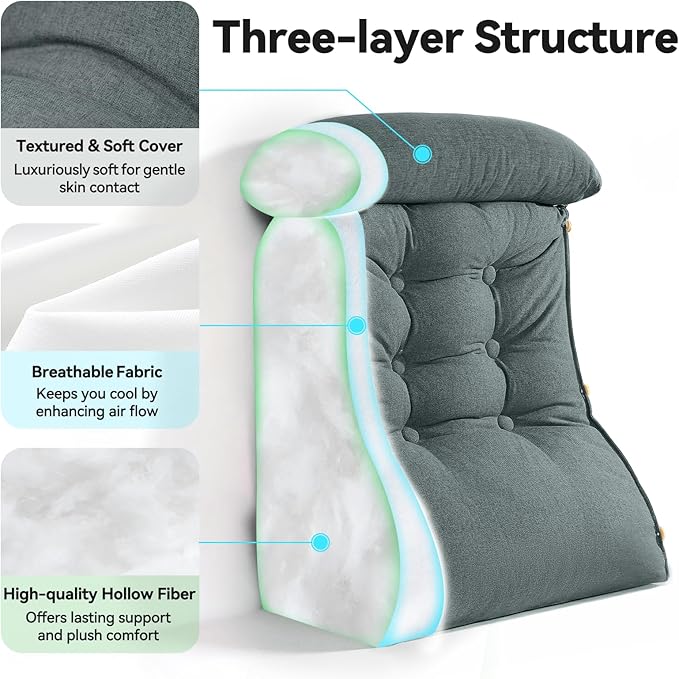23" H Bed Wedge Reading Pillow with Adjustable Headrest, Reading Pillow for Sitting in Bed Couch Adult Backrest Pillow for Neck Back Lumbar Support with Removable Washable Cover Dark Gray
