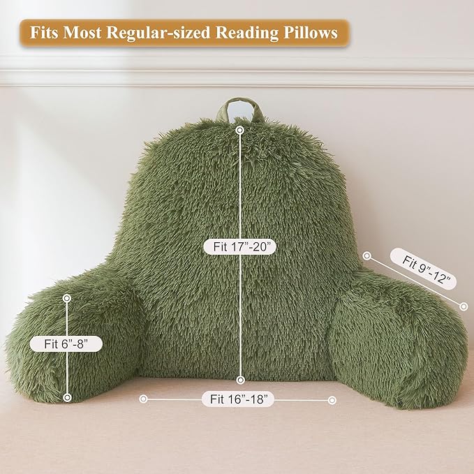 XeGe Faux Fur Reading Pillow Cover (No Filler), Fluffy Back Rest Pillow Case for Bed Sitting Up, Adults Kids Shaggy Sit Up Back Support Pillow Cover with Arms Couch Chair Home Decoration, Sage Green