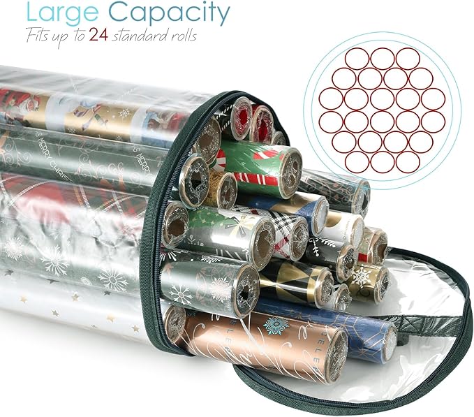 Hearth & Harbor Wrapping Paper Storage Container - Clear Wrapping Paper Holder Fits Up To 14 Rolls of 40" - Tear Proof Gift Wrapping Organizer Storage - Premium Christmas Storage Bag For Easy Carrying