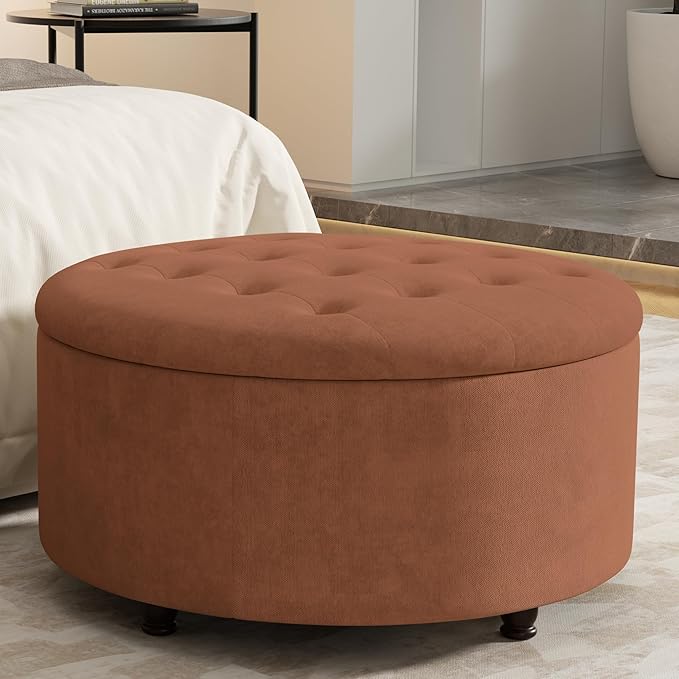 30 Inch Round Storage Ottoman,Modern Tufted Ottomans,Upholstered Large Ottoman with Storage with Removable Top Footrest Stool for Bedroom Living Room (Orange)