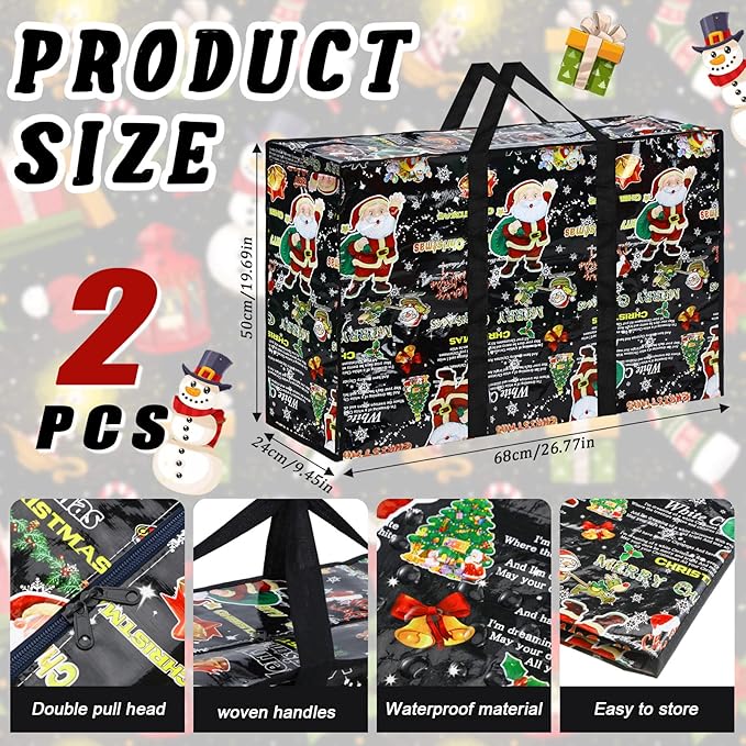 2 Pcs Christmas Ornament Storage Bags Christmas Tree Storage Bags 27 x 20 Inch Ornaments Bag with Zipper Xmas Heavy Duty Containers for Xmas Trees Baubles(Black,Santa Claus Style)
