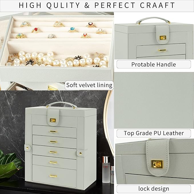 AKOZLIN Large Jewelry Box Organizer Functional with Big Mirror, Leather Jewelry Storage Case for Women Girls Ring Necklace Earring Bracelet Holder Organizer Grey