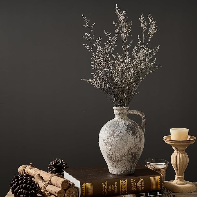 PORCER Antique Ceramic Vase, 8.3 Inch Terracotta Vase with Handle, Tuscan Decor Decorative Vase, Rustic Vase for Home Decor, Farmhouse, Living Room, Floor, Wedding, Christmas- Gray