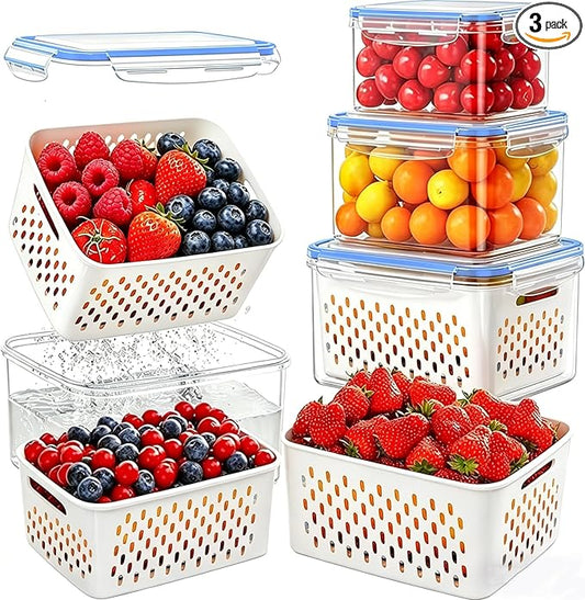 3PCS Fruit Containers for Fridge with Removable Filter, Berry Airtight Produce Storage Containers to Keep Fruit and Vegetables Fresh, BPA-Free Dishwasher Safe Food Containers (Blue)