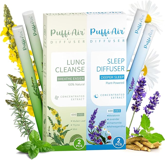 Herbal Diffuser Duo, Lung Cleanse and Sleep Diffuser with Extracts of Mullein and Melatonin, 100% Natural Swap, Day & Night Duo, 4 Sticks, 600 Uses Each=