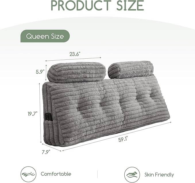 HIGOGOGO Triangular Headboard Wedge Pillow with 2 Cylindrical Pillows and Memory Foam Filling, Daybed Pillows for Sitting up, Reading or Working with Removable Cover,Queen 59.1"x19.7"