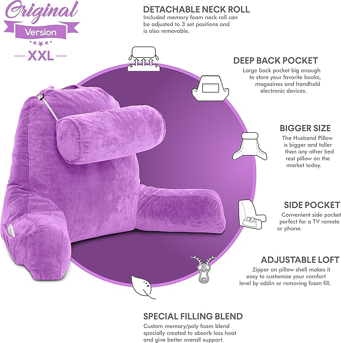 Husband Pillow XXL The Original for Adults - 30" Tall Backrest for Sitting Up in Bed - Firm Support Reading, Bed Rest Pillow for Adults, Neck Roll, Removable Cover - TV - Light Purple