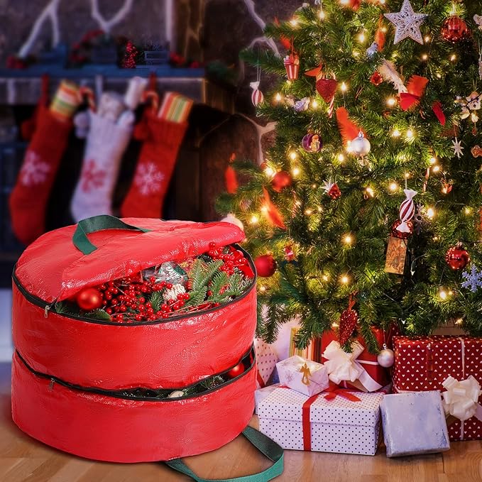 Shappy Double Layer Wreath Storage Container Bag Wreath Storage Pure Color Seasonal Garland Holiday Christmas Container Festive Box with Dual Zippers and Handles for Xmas(30 Inch,Red)