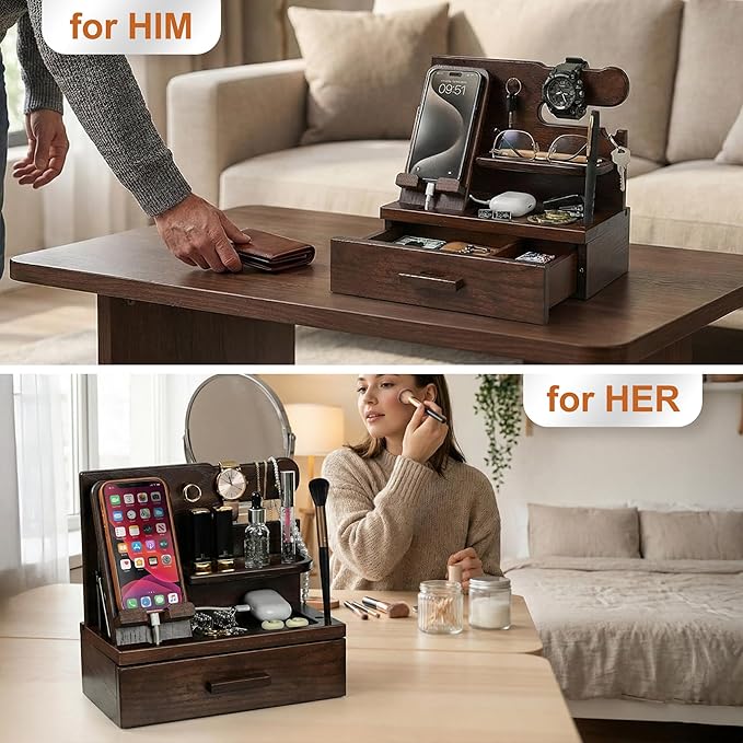 TESLYAR Wood Phone Docking Station with Drawer - Nightstand Organizer - Desk Organizer for Husband - Birthday Gifts for Men, Dad, Anniversary, Key Holder Stand Watch, Accessories (Chocolate Brown)