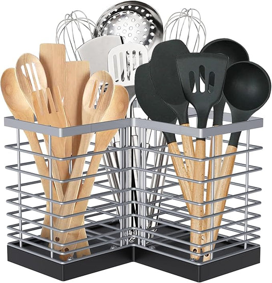 Suli Extra Large Kitchen Utensil Holder with 3 Compartments，Silvery Metal Corner Kitchen Caddy for Countertop，Farmhouse Rustic Cooking Storage-Silvery