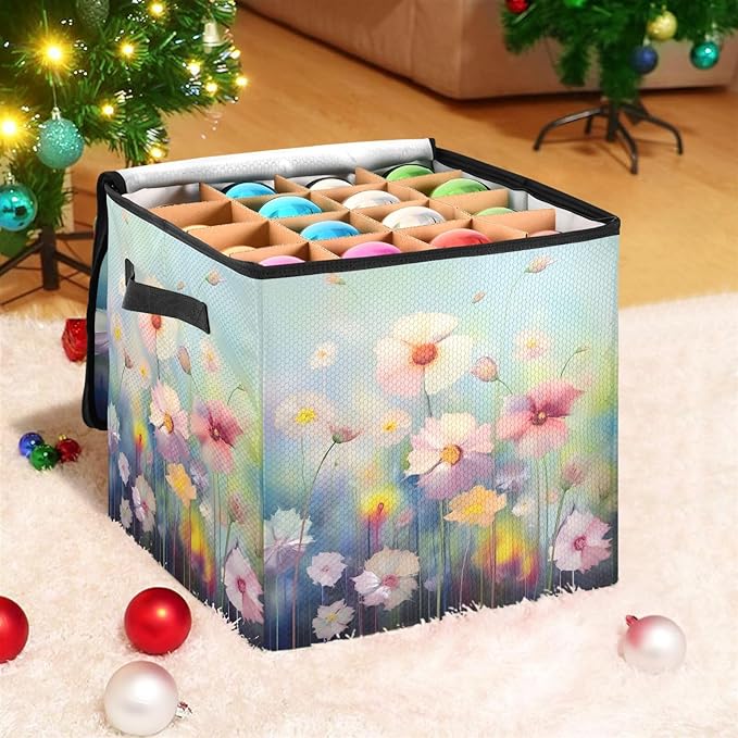 Kigai Wild Flower Christmas Ornament Storage Box with Zipper & Adjustable Dividers Holiday Ornament Organizer Xmas Storage Container, 64 Balls