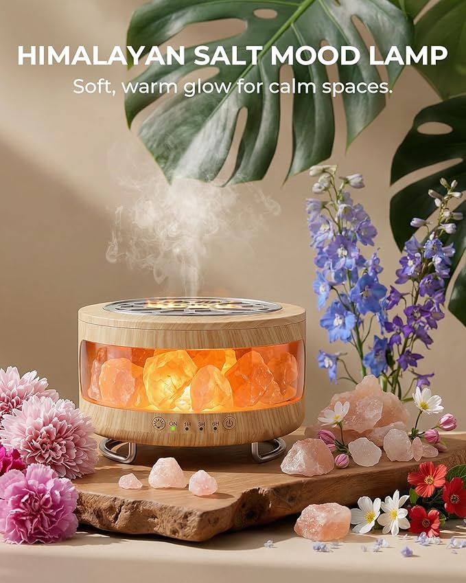 4-in-1 Ultrasonic Essential Oil Diffuser with Himalayan Salt Lamp, Humidifier & 7-Color LED Mood Light, Timer & Auto Shut-Off, Ultra-Quiet Aroma Diffuser for Bedroom, Office & Yoga –Beige