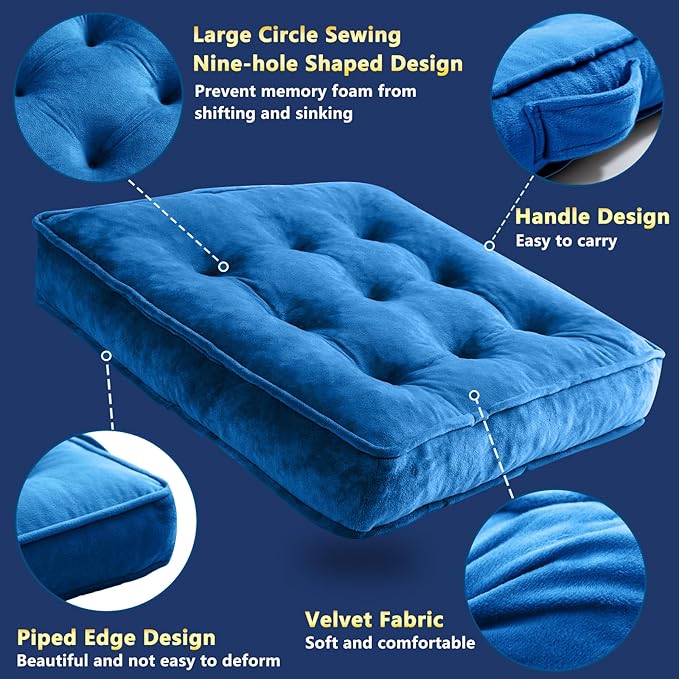1 MIDDLE ONE Floor Pillow Set of 2, Memory Foam Meditation Cushion, Floor Cushions for Adults Sitting, Large Square Seat Cushions for Yoga, Couch, Sofa, Kids, Living Room, 22x22 Inch (Navy Blue)