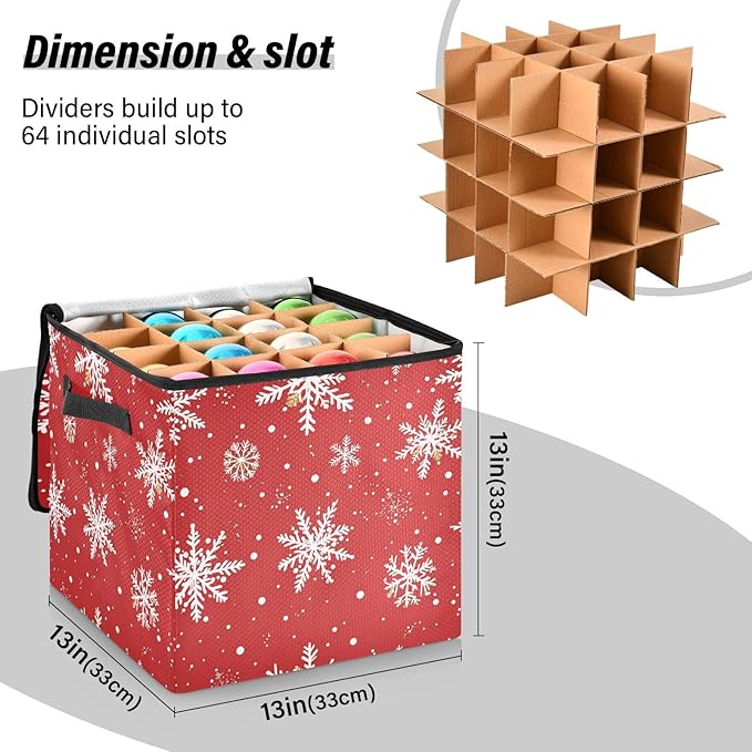 Red Snowflake Christmas Ornament Storage Basket Box Winter Snowman Holiday Storage Container Cube with Adjustable Dividers for 64 Holiday Ornaments or Decorations Keeps Clean and Dry for Next Season