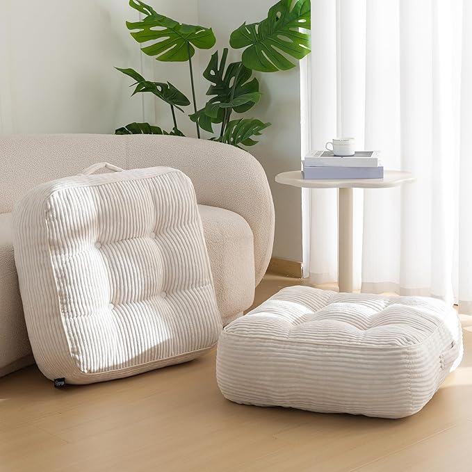 HIGOGOGO 8" Extra Thick Floor Pillow Cushion for Adults, Meditation Cushion Pillow, Large Square Floor Sitting, Tufted Corduroy Cover, for Tatami Living Room or Yoga, 22x22 Inch, 2Pack, Beige