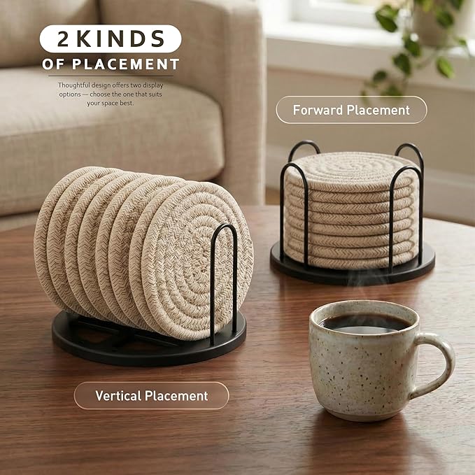 Lazebox Coasters Set of 8 for Drinks, Beer, Coffee, Cotton Woven Absorbent Coaster with Holder, Boho Coasters for Home Decor Tabletop Protection Suitable for Kinds of Cups, Brown