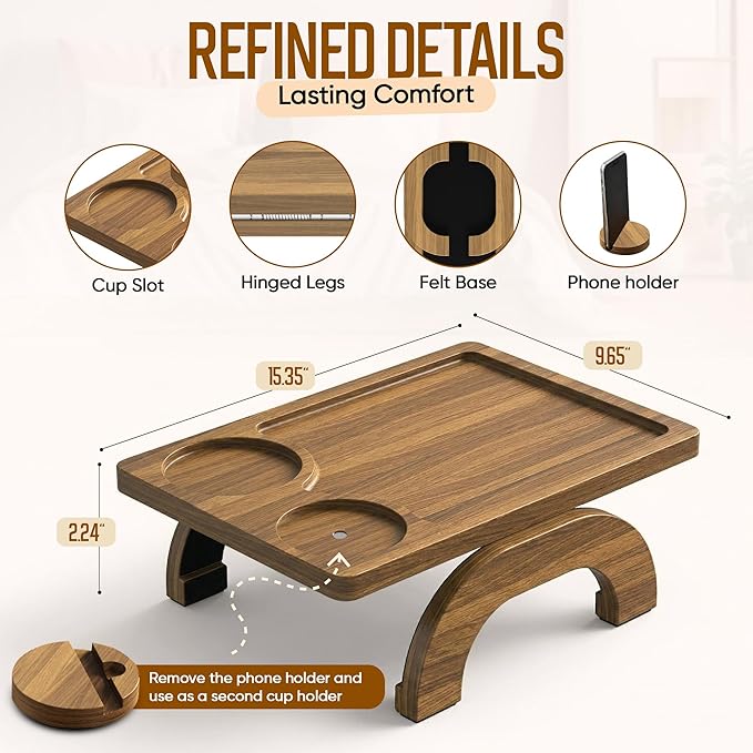 Acacia Wood Sofa Arm Tray - 3-in-1 Couch Arm Table with Phone Holder, Cup Placer & Foldable Tray - Armrest Clip-On Design for Couch with 360° Rotated Phone Holder