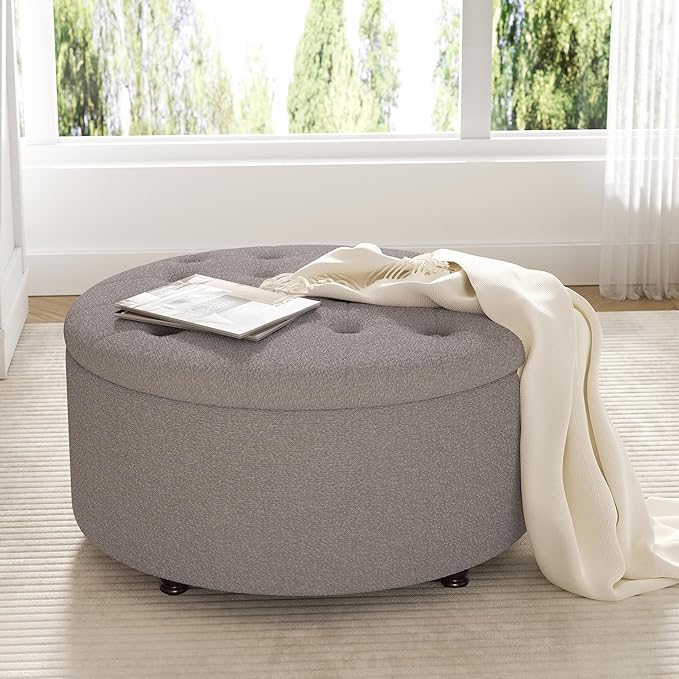 30 Inch Round Storage Ottoman,Modern Tufted Ottomans,Circular Coffee Table with Removable Top,Upholstered Large Ottoman with Storage Footrest Stool for Bedroom Living Room (Teddy Brown)