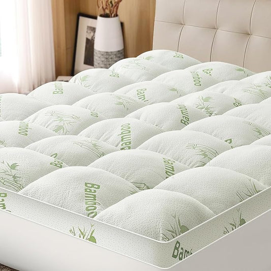 Mattress Topper Queen Size Viscose Derived from Bamboo, Thick Soft Pillow Top Mattress Pad Cover for Back Pain, Mattress Protector with 8-21 Inch Deep Pocket, White