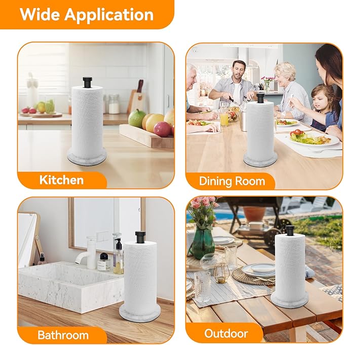 Paper Towel Holder Countertop, Black Kitchen Roll Holder, Premium Stainless Steel Paper Towel Holder for Kitchen Bathroom Roll Organize with Weighted Marble Base, One-Handed Operation