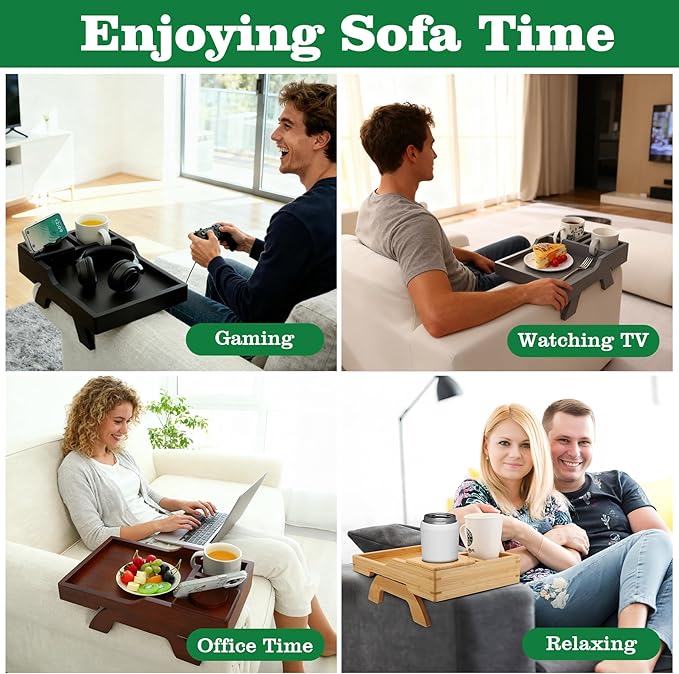 GHKINMAL Bamboo Couch Cup Holder, 4 in 1 Couch Arm Trays with 360°Rotated Phone Holder, Non-Slip Clip on Side Table for Drinks/Remote/Snacks, Ideal Gift for Husband, Wife, Parents