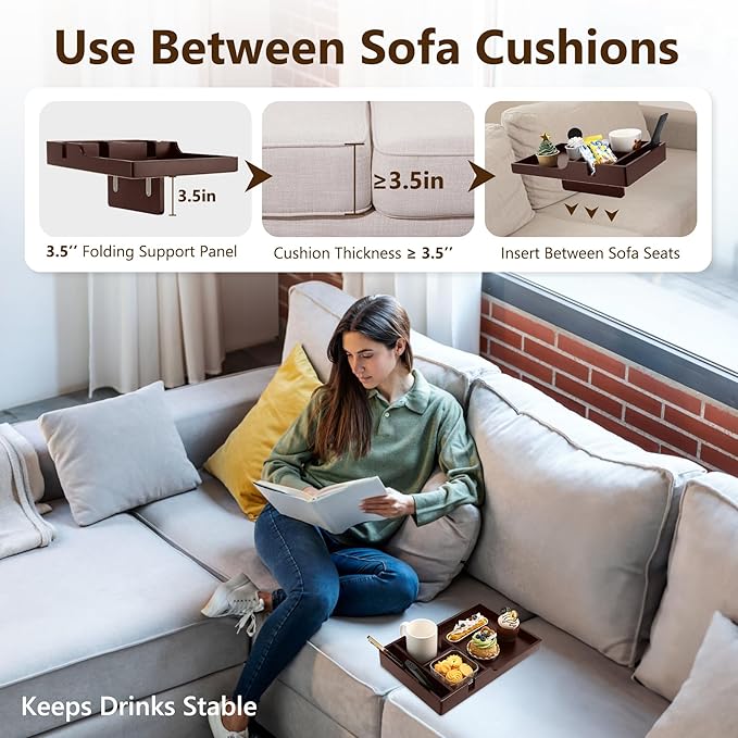 Sofa Insert Tray for Middle Seat,Bamboo Couch Table with 2 Cup Holders,Fits Armless Sofa & Sectionals,Fold-Flat Tray for Drinks,Snacks & Remotes,Brown