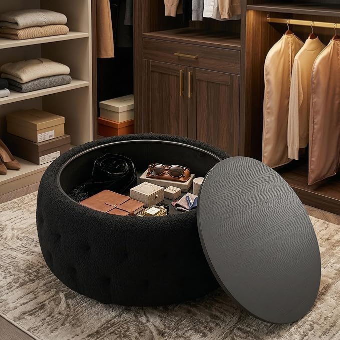 Large Round Storage Ottoman Coffee Table with Wooden Tabletop, 30.5 Inches Teddy Fleece Tufted Ottoman for Living Room, Bedroom, Apartments (Black)