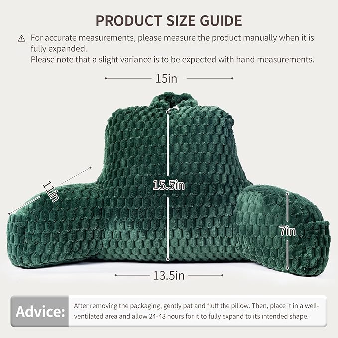 Faux Fur Reading Pillow for Bed Adults, Ultra Soft Plush Floor Backrest Pillow with Side Pockets for Bed & Couch, Perfect for Reading, Watching TV, Gaming, Relaxing, Green