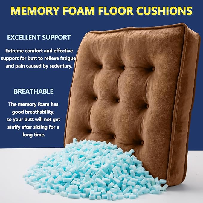 1 MIDDLE ONE Floor Pillow Set of 2, Memory Foam Meditation Cushion, Floor Cushions for Adults Sitting, Large Square Seat Cushions for Yoga, Couch, Sofa, Kids, Living Room, 20x20 Inch (Brown)
