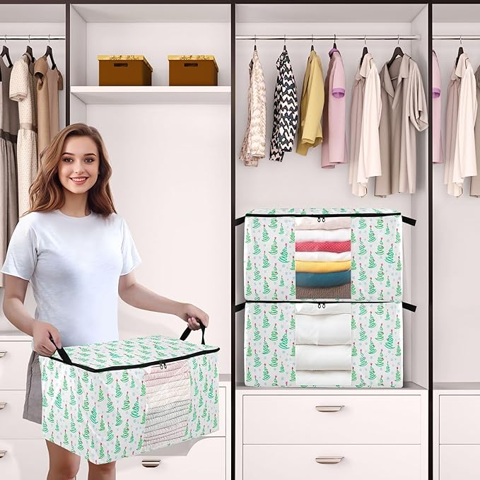 Burbuja 2 Pack Storage Bag Organizer with Handles for Clothes, Blankets, Bedding, Christmas Tree Foldable Storage Bag with Zipper & Clear Window, 95L