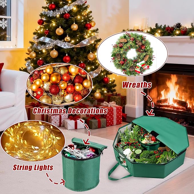 BrilliantJo Wreath Storage Hard Shell Christmas Decorations Case Bag with Interior Pockets 600D Oxford Fabric 24 Inch Xmas Container Box for Holiday Zipper and Handles Labeling Card Slot Green
