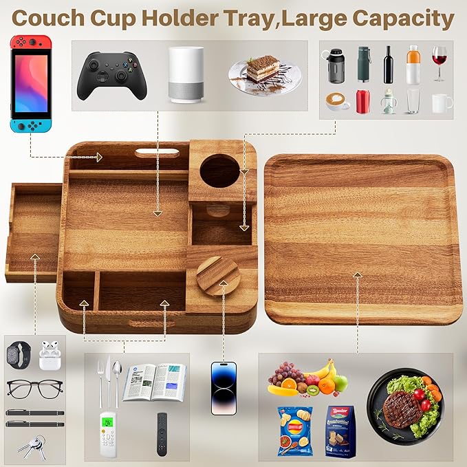 Couch Cup Holder, Couch Tray Cup Holder Sofa Tray, Acacia Wood Large Capacity 2-Tier Wooden Trays with Drawer for Sofa, Bed, Picnic, Drinks, Snacks, Remote, Cell Phone 12.5 * 12.5 in