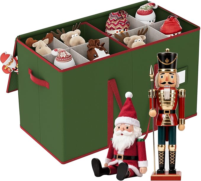 Christmas Figurine Storage Box for 15-Inch Figurines and Nutcrackers, Holiday Decor Organizer with Adjustable Dividers, 8 Slots and 2 Pockets, Dual Zippers, 600D Oxford, 24.8"x12.2"x15.2" ,Green