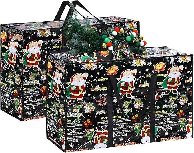 2 Pcs Christmas Ornament Storage Bags Christmas Tree Storage Bags 27 x 20 Inch Ornaments Bag with Zipper Xmas Heavy Duty Containers for Xmas Trees Baubles(Black,Santa Claus Style)