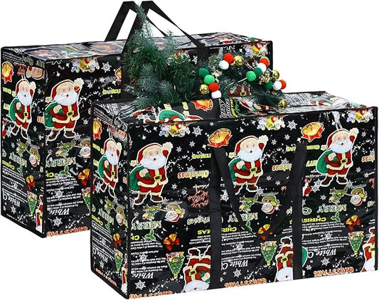2 Pcs Christmas Ornament Storage Bags Christmas Tree Storage Bags 27 x 20 Inch Ornaments Bag with Zipper Xmas Heavy Duty Containers for Xmas Trees Baubles(Black,Santa Claus Style)