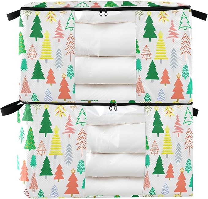 Burbuja Christmas Tree Clothes Storage Bag with Lids and Handle, 2 Pack Foldable Blanket Storage Container with Sturdy Zipper & Clear Window for Bedroom Closet, 60L
