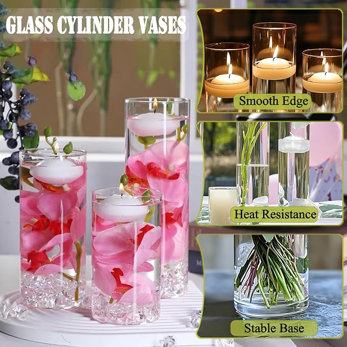Glass Cylinder Vaseswith White Floating Candles Acrylic Fake Ice Cubes Pearl String Vases Fillers for Table Centerpiece Party Wedding Home Decor (1)