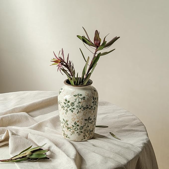 for Mom from Daughter or Son, Vintage Pastoral Green Round Ceramic Vase 7.8”, Ice Crack Chinoiserie Floral Vase, Rustic Decor for Living Room, Bookshelf, Office, Table Centerpiece