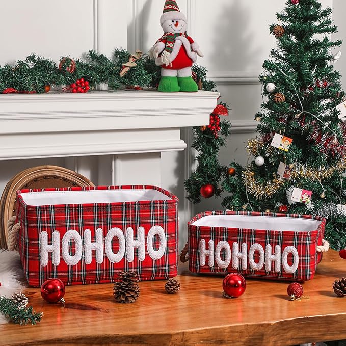 Christmas Gifts Baskets Empty Farmhouse Ornament Box Storage Basket Canvas Bins for Holiday Gift Toy Storage Organizing Baskets for Nursery, Living room, Baby Toy chest, Rectangular